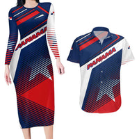 Panama Diagonal Stripe Design Couples Matching Long Sleeve Bodycon Dress and Hawaiian Shirt with Bold Red Blue Star and Flag Accents - Wonder Print Shop