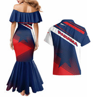 Panama Diagonal Stripe Design Couples Matching Mermaid Dress and Hawaiian Shirt with Bold Red Blue Star and Flag Accents - Wonder Print Shop