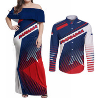 Panama Diagonal Stripe Design Couples Matching Off Shoulder Maxi Dress and Long Sleeve Button Shirt with Bold Red Blue Star and Flag Accents - Wonder Print Shop
