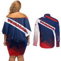 Panama Diagonal Stripe Design Couples Matching Off Shoulder Short Dress and Long Sleeve Button Shirt with Bold Red Blue Star and Flag Accents - Wonder Print Shop