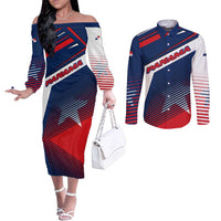 Panama Diagonal Stripe Design Couples Matching Off The Shoulder Long Sleeve Dress and Long Sleeve Button Shirt with Bold Red Blue Star and Flag Accents - Wonder Print Shop