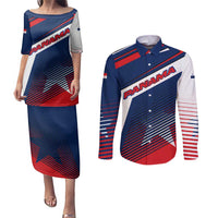 Panama Diagonal Stripe Design Couples Matching Puletasi and Long Sleeve Button Shirt with Bold Red Blue Star and Flag Accents - Wonder Print Shop