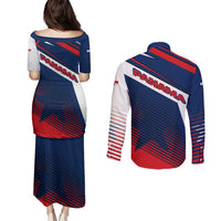 Panama Diagonal Stripe Design Couples Matching Puletasi and Long Sleeve Button Shirt with Bold Red Blue Star and Flag Accents - Wonder Print Shop