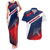 Panama Diagonal Stripe Design Couples Matching Tank Maxi Dress and Hawaiian Shirt with Bold Red Blue Star and Flag Accents - Wonder Print Shop