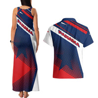 Panama Diagonal Stripe Design Couples Matching Tank Maxi Dress and Hawaiian Shirt with Bold Red Blue Star and Flag Accents - Wonder Print Shop
