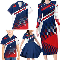 Panama Diagonal Stripe Design Family Matching Long Sleeve Bodycon Dress and Hawaiian Shirt with Bold Red Blue Star and Flag Accents - Wonder Print Shop