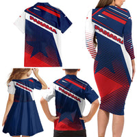 Panama Diagonal Stripe Design Family Matching Long Sleeve Bodycon Dress and Hawaiian Shirt with Bold Red Blue Star and Flag Accents - Wonder Print Shop