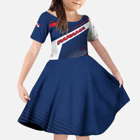 Panama Diagonal Stripe Design Family Matching Off The Shoulder Long Sleeve Dress and Hawaiian Shirt with Bold Red Blue Star and Flag Accents - Wonder Print Shop