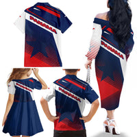 Panama Diagonal Stripe Design Family Matching Off The Shoulder Long Sleeve Dress and Hawaiian Shirt with Bold Red Blue Star and Flag Accents - Wonder Print Shop