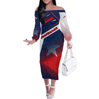Panama Diagonal Stripe Design Family Matching Off The Shoulder Long Sleeve Dress and Hawaiian Shirt with Bold Red Blue Star and Flag Accents - Wonder Print Shop