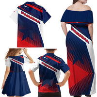Panama Diagonal Stripe Design Family Matching Off Shoulder Maxi Dress and Hawaiian Shirt with Bold Red Blue Star and Flag Accents - Wonder Print Shop