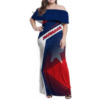Panama Diagonal Stripe Design Family Matching Off Shoulder Maxi Dress and Hawaiian Shirt with Bold Red Blue Star and Flag Accents - Wonder Print Shop