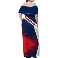 Panama Diagonal Stripe Design Family Matching Off Shoulder Maxi Dress and Hawaiian Shirt with Bold Red Blue Star and Flag Accents - Wonder Print Shop
