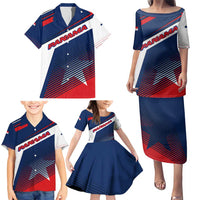 Panama Diagonal Stripe Design Family Matching Puletasi and Hawaiian Shirt with Bold Red Blue Star and Flag Accents - Wonder Print Shop