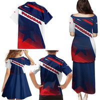 Panama Diagonal Stripe Design Family Matching Puletasi and Hawaiian Shirt with Bold Red Blue Star and Flag Accents - Wonder Print Shop