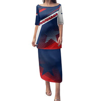 Panama Diagonal Stripe Design Family Matching Puletasi and Hawaiian Shirt with Bold Red Blue Star and Flag Accents - Wonder Print Shop