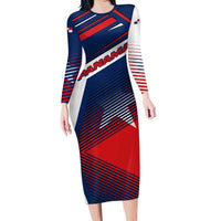 Panama Diagonal Stripe Design Long Sleeve Bodycon Dress with Bold Red Blue Star and Flag Accents - Wonder Print Shop
