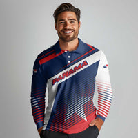 Panama Diagonal Stripe Design Long Sleeve Polo Shirt with Bold Red Blue Star and Flag Accents - Wonder Print Shop