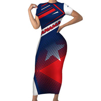 Panama Diagonal Stripe Design Short Sleeve Bodycon Dress with Bold Red Blue Star and Flag Accents - Wonder Print Shop