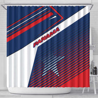 Panama Diagonal Stripe Design Shower Curtain with Bold Red Blue Star and Flag Accents - Wonder Print Shop