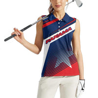 Panama Diagonal Stripe Design Women Sleeveless Polo Shirt with Bold Red Blue Star and Flag Accents - Wonder Print Shop