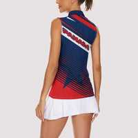 Panama Diagonal Stripe Design Women Sleeveless Polo Shirt with Bold Red Blue Star and Flag Accents - Wonder Print Shop