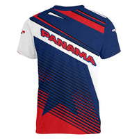 Panama Diagonal Stripe Design Women V-Neck T-Shirt with Bold Red Blue Star and Flag Accents - Wonder Print Shop