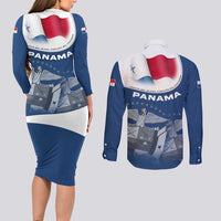 Panama National Flag Couples Matching Long Sleeve Bodycon Dress and Long Sleeve Button Shirt with Canal Symbolism and Puente del Mundo Motto Design - Wonder Print Shop