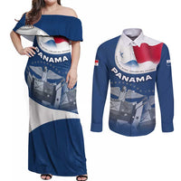 Panama National Flag Couples Matching Off Shoulder Maxi Dress and Long Sleeve Button Shirt with Canal Symbolism and Puente del Mundo Motto Design - Wonder Print Shop