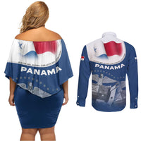 Panama National Flag Couples Matching Off Shoulder Short Dress and Long Sleeve Button Shirt with Canal Symbolism and Puente del Mundo Motto Design - Wonder Print Shop