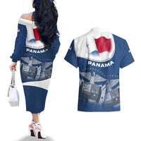 Panama National Flag Couples Matching Off The Shoulder Long Sleeve Dress and Hawaiian Shirt with Canal Symbolism and Puente del Mundo Motto Design - Wonder Print Shop