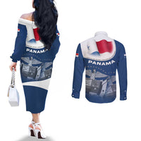 Panama National Flag Couples Matching Off The Shoulder Long Sleeve Dress and Long Sleeve Button Shirt with Canal Symbolism and Puente del Mundo Motto Design - Wonder Print Shop
