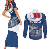Panama National Flag Couples Matching Short Sleeve Bodycon Dress and Long Sleeve Button Shirt with Canal Symbolism and Puente del Mundo Motto Design - Wonder Print Shop