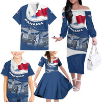 Panama National Flag Family Matching Off The Shoulder Long Sleeve Dress and Hawaiian Shirt with Canal Symbolism and Puente del Mundo Motto Design - Wonder Print Shop