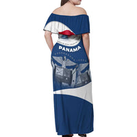 Panama National Flag Family Matching Off Shoulder Maxi Dress and Hawaiian Shirt with Canal Symbolism and Puente del Mundo Motto Design - Wonder Print Shop