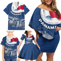 Panama National Flag Family Matching Off Shoulder Short Dress and Hawaiian Shirt with Canal Symbolism and Puente del Mundo Motto Design - Wonder Print Shop