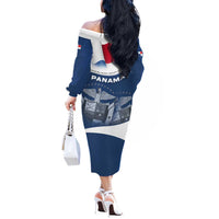 Panama National Flag Off The Shoulder Long Sleeve Dress with Canal Symbolism and Puente del Mundo Motto Design - Wonder Print Shop