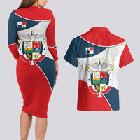Panama City Skyline Couples Matching Long Sleeve Bodycon Dress and Hawaiian Shirt with National Coat of Arms and Red Blue Flag Theme - Wonder Print Shop