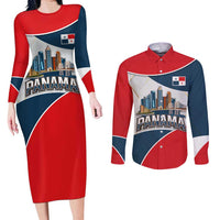 Panama City Skyline Couples Matching Long Sleeve Bodycon Dress and Long Sleeve Button Shirt with National Coat of Arms and Red Blue Flag Theme - Wonder Print Shop