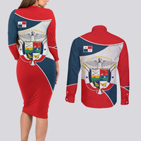 Panama City Skyline Couples Matching Long Sleeve Bodycon Dress and Long Sleeve Button Shirt with National Coat of Arms and Red Blue Flag Theme - Wonder Print Shop