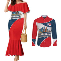 Panama City Skyline Couples Matching Mermaid Dress and Long Sleeve Button Shirt with National Coat of Arms and Red Blue Flag Theme - Wonder Print Shop