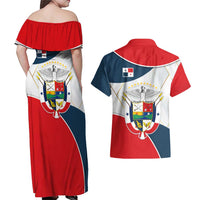 Panama City Skyline Couples Matching Off Shoulder Maxi Dress and Hawaiian Shirt with National Coat of Arms and Red Blue Flag Theme - Wonder Print Shop