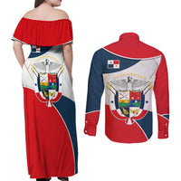 Panama City Skyline Couples Matching Off Shoulder Maxi Dress and Long Sleeve Button Shirt with National Coat of Arms and Red Blue Flag Theme - Wonder Print Shop