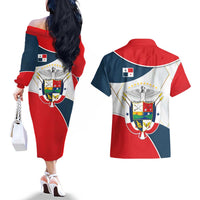 Panama City Skyline Couples Matching Off The Shoulder Long Sleeve Dress and Hawaiian Shirt with National Coat of Arms and Red Blue Flag Theme - Wonder Print Shop