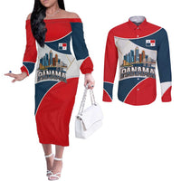 Panama City Skyline Couples Matching Off The Shoulder Long Sleeve Dress and Long Sleeve Button Shirt with National Coat of Arms and Red Blue Flag Theme - Wonder Print Shop
