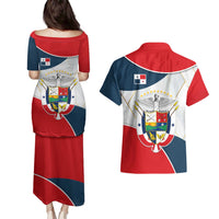 Panama City Skyline Couples Matching Puletasi and Hawaiian Shirt with National Coat of Arms and Red Blue Flag Theme - Wonder Print Shop