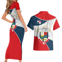 Panama City Skyline Couples Matching Short Sleeve Bodycon Dress and Hawaiian Shirt with National Coat of Arms and Red Blue Flag Theme - Wonder Print Shop