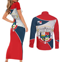 Panama City Skyline Couples Matching Short Sleeve Bodycon Dress and Long Sleeve Button Shirt with National Coat of Arms and Red Blue Flag Theme - Wonder Print Shop