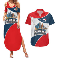 Panama City Skyline Couples Matching Summer Maxi Dress and Hawaiian Shirt with National Coat of Arms and Red Blue Flag Theme - Wonder Print Shop