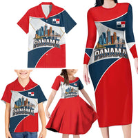 Panama City Skyline Family Matching Long Sleeve Bodycon Dress and Hawaiian Shirt with National Coat of Arms and Red Blue Flag Theme - Wonder Print Shop